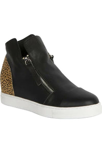 HINAKO MOSELLE Black Leather & Tan Leopard Sneakers