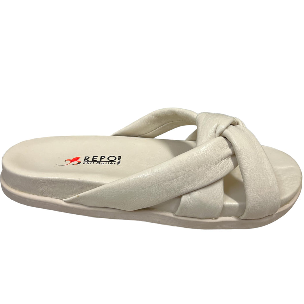REP 14137 White Leather Flat Slides Sandals