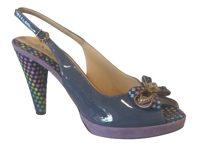 ACCA1810 Steel Blue Patent Leather Multi Suede & Crystals Mid Heels