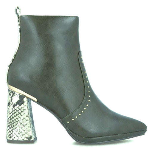 MB 21962 Black Textile & Snake Skin Print Ankle Boots