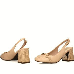 MB 23815 Stone Beige Leather & Synthetic Sling Back Block Heels