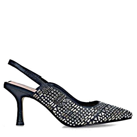 MB 23944 Black Diamante Encrusted Slingback Mid Heels