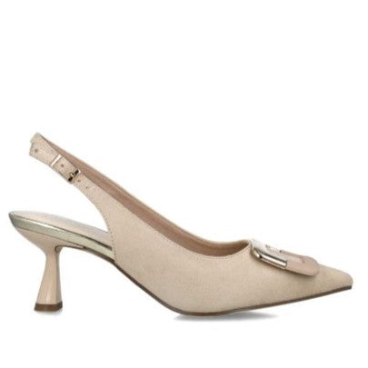 MB 24122 Beige Microsuede & Leather Sling Back Mid Heels