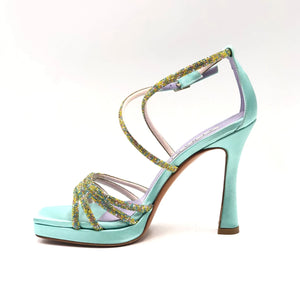 RF 3265 AQUA Satin & Multi Colour Crystals Platform & High Heels Sandal