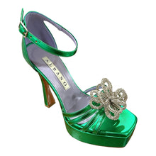 RF 3353 Emerald Green Leather & Crystals Platform & High Heels Sandals