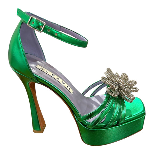 RF 3353 Emerald Green Leather & Crystals Platform & High Heels Sandals