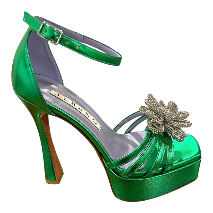 RF 3353 Emerald Green Leather & Crystals Platform & High Heels Sandals