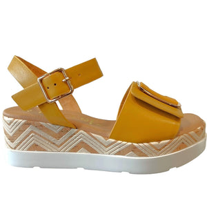 REP 50259 Mustard Yellow, Tan & White Leather Wedges