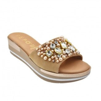REP 81106 Beige, Ivory, Rose Gold Leather & Diamonte Slides Wedges