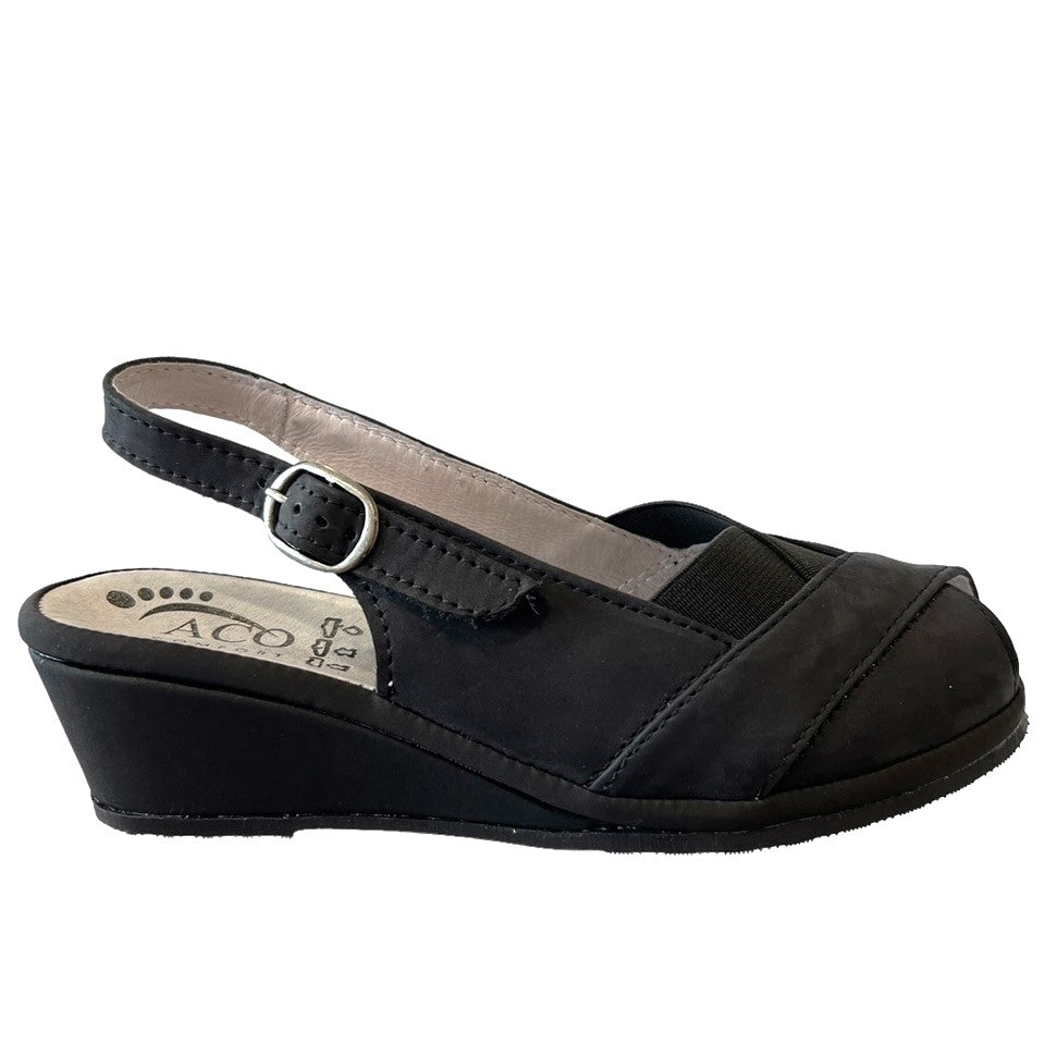 ACO - Style: AFTER - Black Leather Sling Back Comfort Wedge