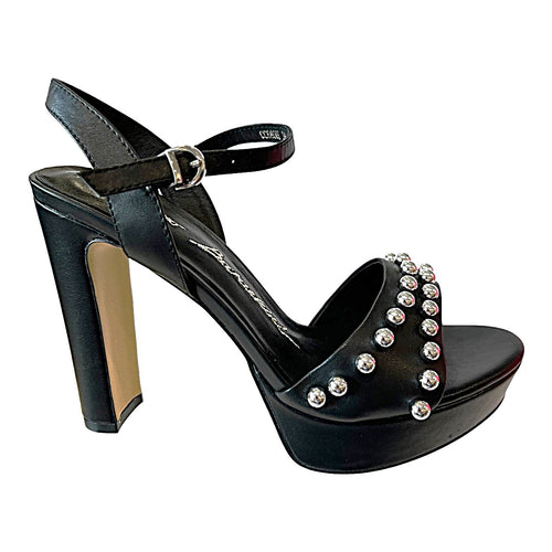 LB CC663H Black Leather & Silver Studs Platform High Heels Sandal