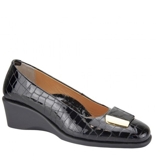 Relax E-6169-08 Black Croc Print Leather Wedge Heel Shoe