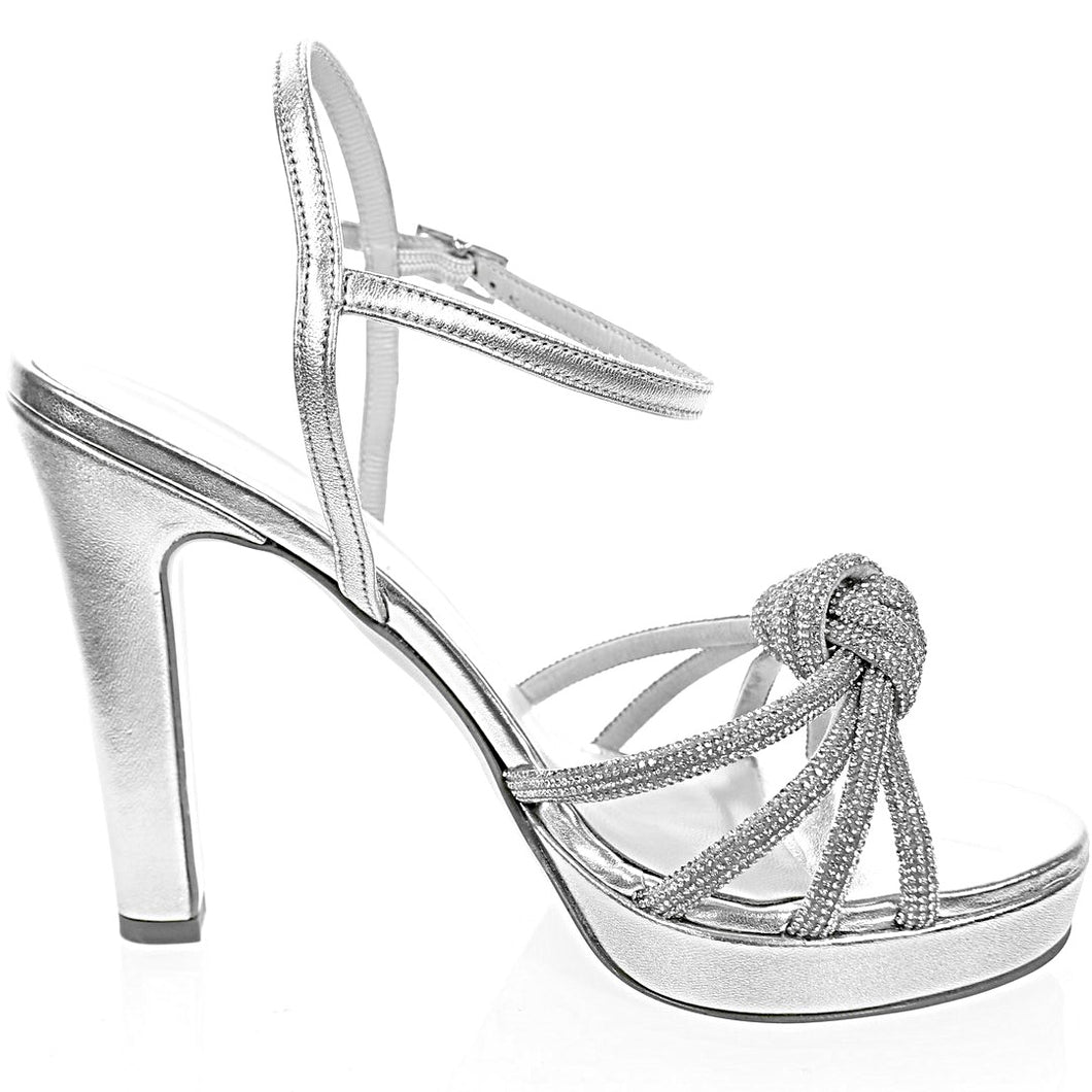 RF 23862 Silver Leather & Rhinestone Cord High Heels