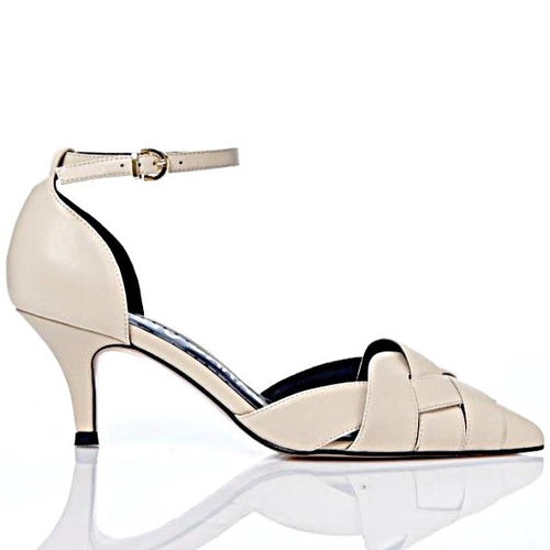 LB EE312 Beige Leather Sling Back Mid Heels