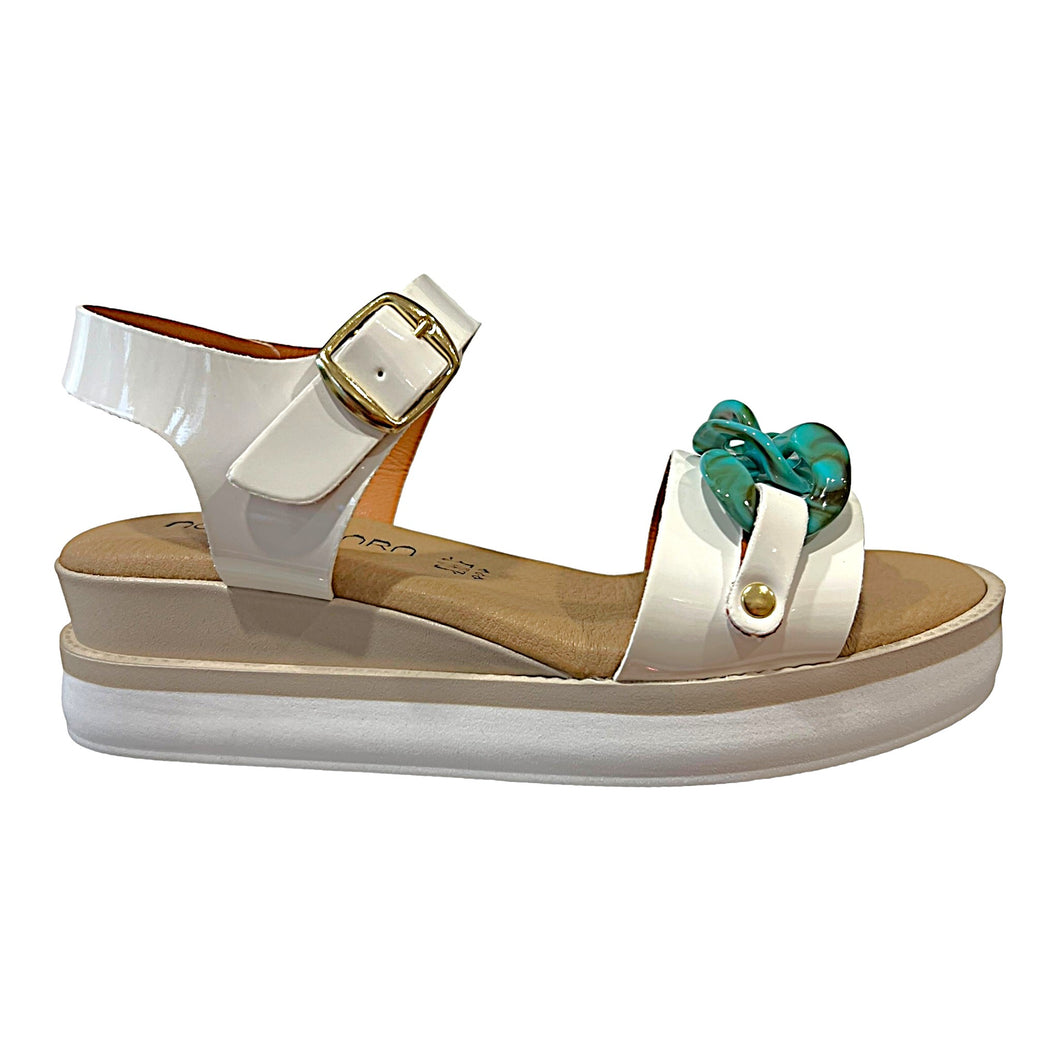 AQ 1224 White Patent Leather & Turquoise Buckle Wedge Sandal