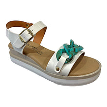 AQ 1224 White Patent Leather & Turquoise Buckle Wedge Sandal