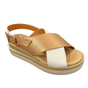 AQ 06241 Z30 Rose Gold, Champagne & White Leather Wedge Sandal