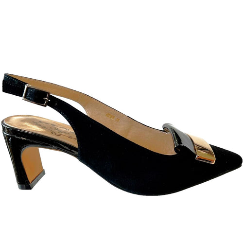 Via Nova HUSHY Black Suede & Patent Heel Sling Back- Mid Heels