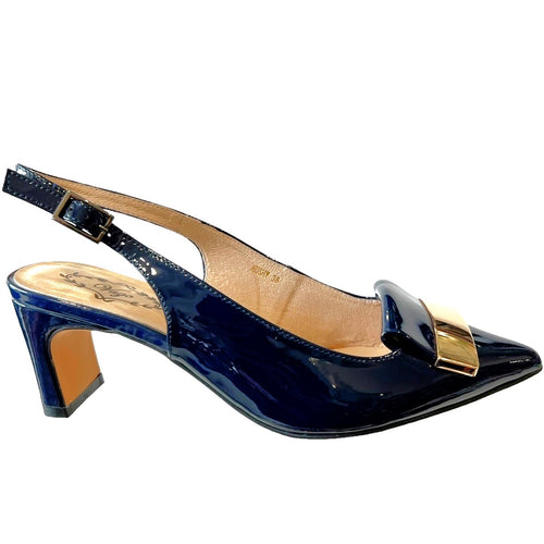 Via Nova HUSHY Navy Patent Sling Back- Mid Heels