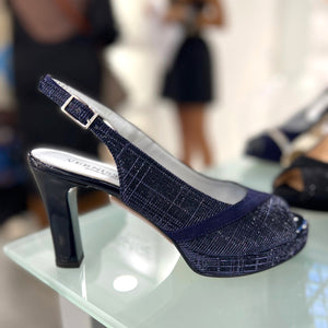RF 23674  Blue Suede and Synthetic Bling Block High Heels