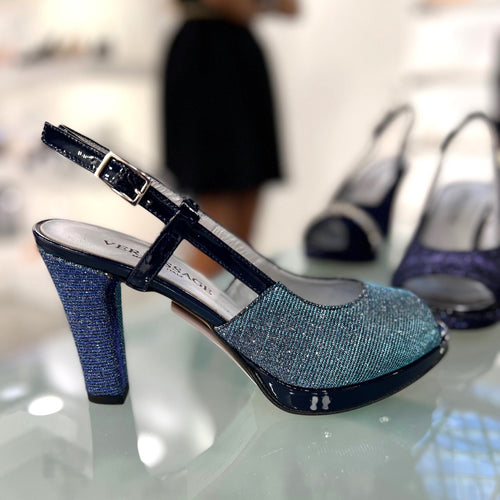 RF 23683 Multi Colour Navy Patent Leather and Blue Bling Synthetic Block High Heels