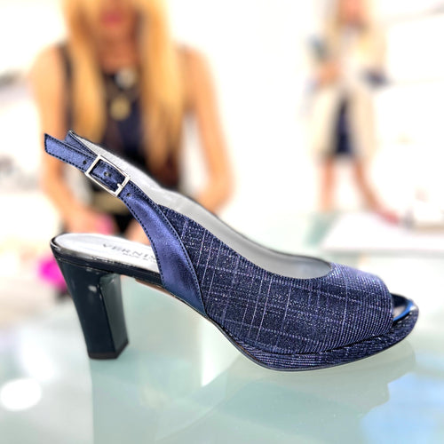 RF 23660 Navy Leather & Synthetic Glitter Mid Heels