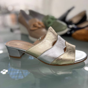 RF 23634 Gold & Silver Leather Mules Block Heels
