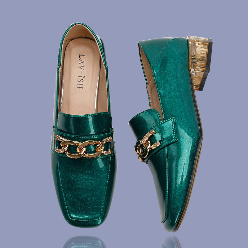 Lav-ish Emerald Loafer Emperor Patent PU Leather Flat Heels