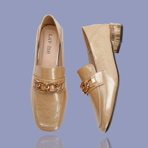 Lav-ish Gold Loafer Emperor Patent PU Leather Flat Heels
