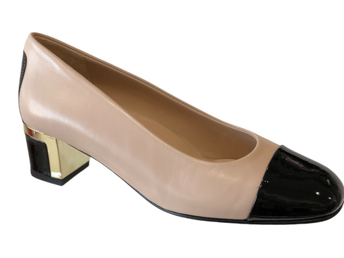 MUSS19416 Beige and Black Patent Block Heels
