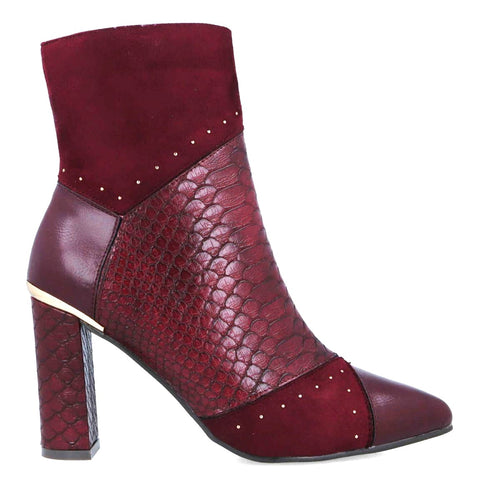 MB 22654 Burgundy Suede & Snake Print Ankle Boots