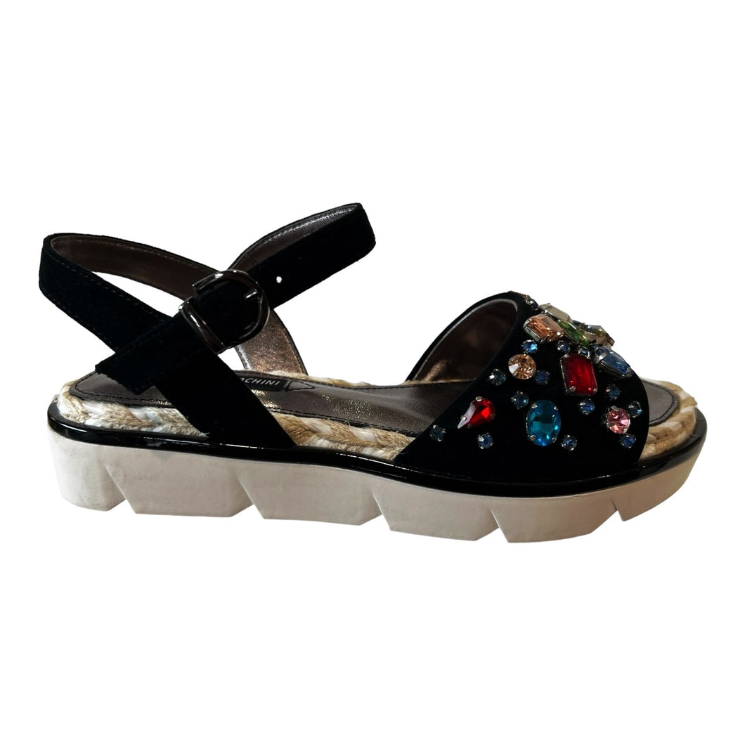 LB CC131E Black Suede & Multi Colour Strass Flat Sandals