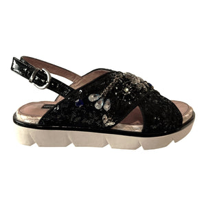 LB CC132N Black Leather and Sequence Flat Sandals