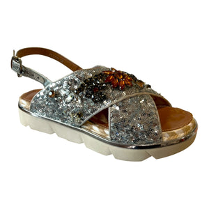 LB CC132M Silver Leather, Multi Colour Strass & Silver Sequence Flat Sandals