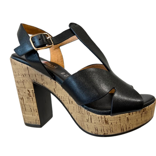 SPACE MODA 58280 Black Leather Platform and Block Heels Sandals